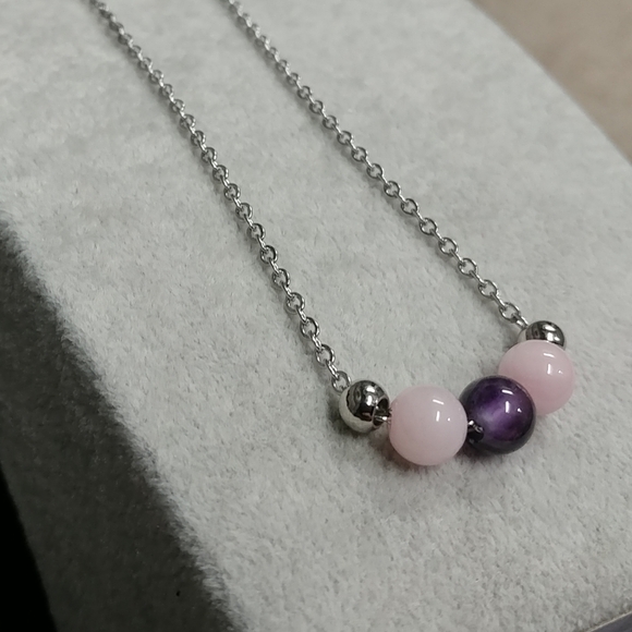 Rose Quartz Amethyst Three Bead Necklace Natural Gemstone Crystal StainlessSteel - Picture 9 of 11